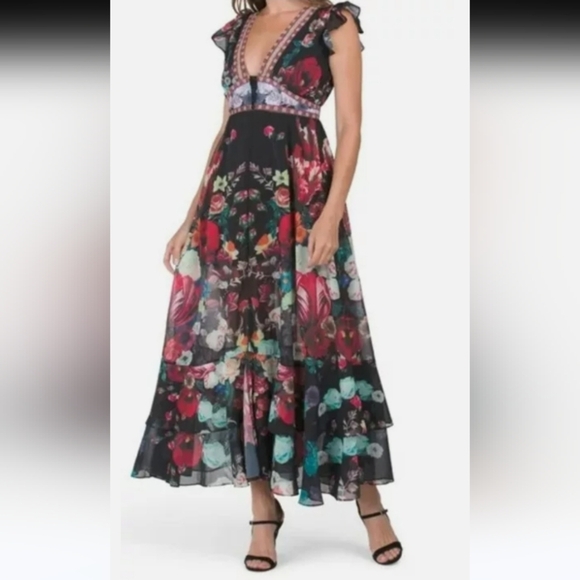 Dalia MacPhee floral black multi Color Dress Size M - Picture 1 of 13